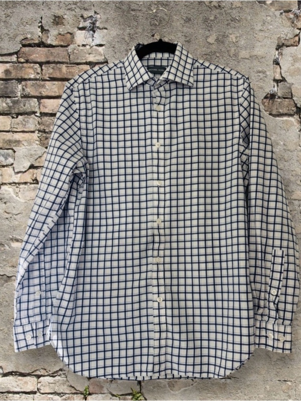 MICHAEL KORS Men’s White Dress Shirt with Blue Windowpane Check.